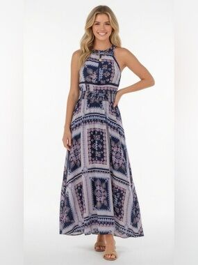 Jaase Navy Maxi Dress with Lavender and Pink Paisley Panels
